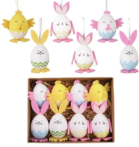 Valery Madelyn 8er Ostereier zum Aufhängen für Osterdeko,6cm Bunte Ostereier Plastik mit Osterhase Küken-Form,Rosa Gelb Ornament für Osterkörbchen Frühlingsdeko,Ostern Geschenke Kinder