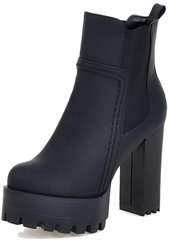 Lroey Reoly Bottines Femme à Talon Bloc, Bottines Chelsea Bout Rond Talons Hauts Bottes Courtes A Enfiler avec Plateforme, J15928Ev Noir Taille 38 EU