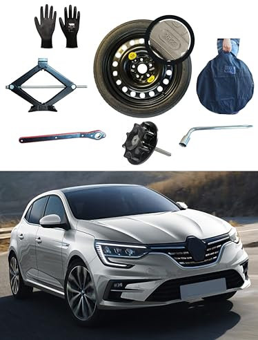 Kit Roue de Secours 17'' compatible avec Renault Megane IV avec Cric, Clé, Vis, Gants et Sac