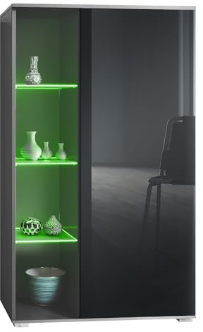 Vladon Vitrine Davos, Made in Germany, Standvitrine mit 3 Glasböden und 8 Fächer inkl. LED, Anthrazit matt/Schwarz Hochglanz (71,5 x 134 x 35 cm)