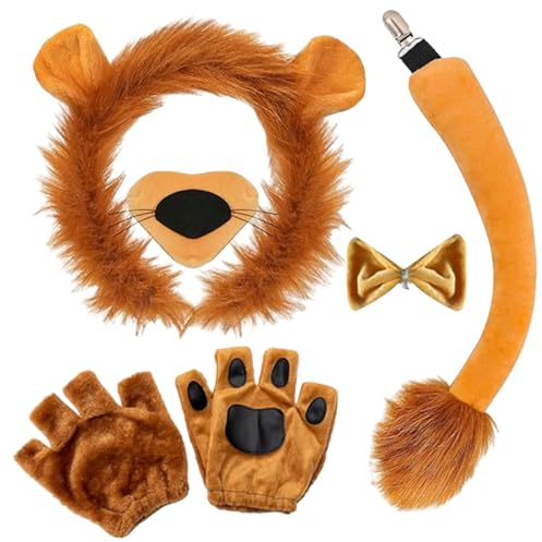 FUIPVGI 5 Pezzi Kit di Accessori per il Costume da Leone, Orecchie di Leone Peluche,Fascia per Capelli Coda Naso Papillon e Guanti,Set di Costumi da Animale,per Feste Tema Compleanno Halloween(Leone)