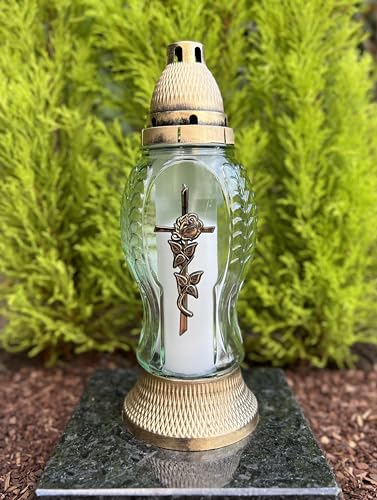 Lampe funéraire avec croix - Couleur or - Bougie funéraire - Décoration funéraire - Sans socle - Avec bougie