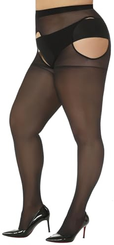 WiliW Suspender Pantyhose for Women Plus Size Garter Belt Sheer Tights Sexy Thigh High Stockings(Black XL-XXL)