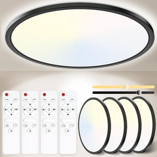 Yexati 4 st dimbar LED-taklampa, 24 W, 3 200 LM, badrum, med fjärrkontroll 3 000–6 500 K, IP54, taklampa, taklampa för badrum, sovrum, kök, vardagsrum, Vitt, Ø 29,5 cm (‎svart, 4x pièces)