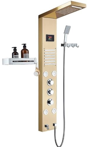 LZDOYY Pannello Doccia in Acciaio Inox, con Colonna Doccia a LED, Doccia, soffione a Pioggia, doccetta per Doccia,Gold