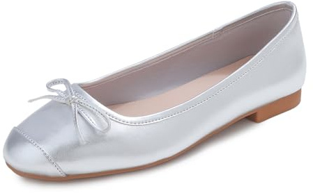 Feversole Women's Square Fashion Flat,Dames élégantes Chaussures décontractées Ballet Plat Bout carré Confortable Marche Quotidienne Plaque argentée 38 EU