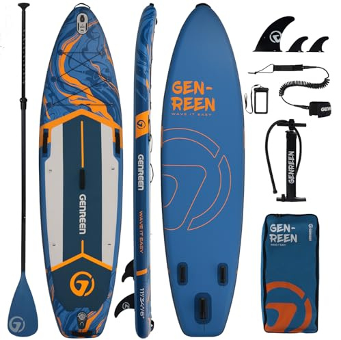 Tavole da Stand Up Paddle GENREEN, tavola gonfiabile da 3,35 m con accessori per SUP, fondo antiscivolo, doppio strato in PVC, 3 pinne, tavola da paddle extra larga da 84 cm stabile per giovani e
