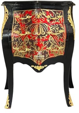 CasAmin Home & Living Unique Baroque Rococo Style Chest of Drawers Handmade in Black with Multicoloured Leaf Motif and Bronze Handles Bedside Table for Home Decoration