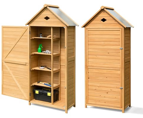 GOPLUS Gartenhaus Holz, 80 x 35 x 176 cm Geräteschuppen mit Satteldach & Ablagen & Schloss, Gerätehaus wetterfest, Gartenschrank Gartenhütte Holzhütte Gartenschuppen für Terrasse & Balkon