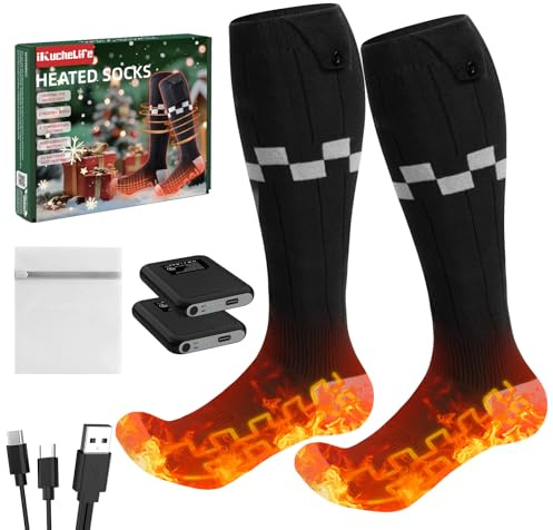 iKuchelife Calcetines Calefactables Integradas 15000 mAh Baterías 14 Horas Calcetines Calefactables Hombre y Mujer hasta 70 °C, 4 Temperaturas Ajustes Calcetin Calefactable para Exteriores Esquí