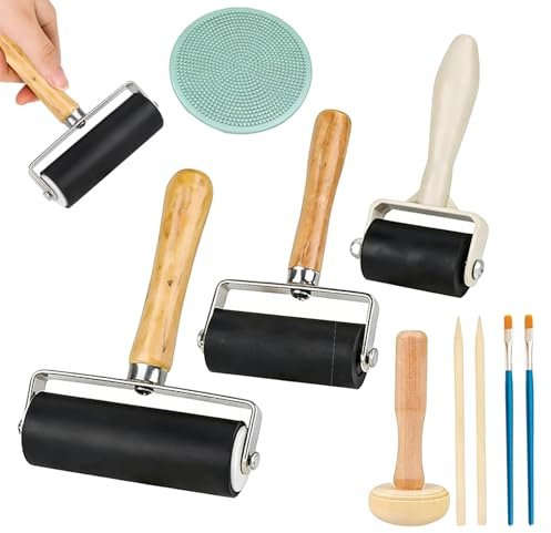 YDAKGUEY Linoltrycksset, 9 stycken gummibrayer roller med 1 svamprulle 1 Marlene 2 träborstar 2 oljepenslar, gummirulle tryckrulle för målning tryck bläck tapeter hantverk