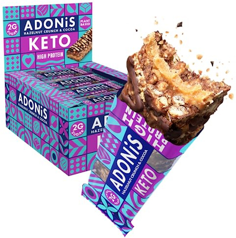 Adonis Hazelnut Crunch & Cocoa High Protein Keto Bars (16x45g) | Vegan & Keto-Friendly | 100% Natural Keto Snacks | Sugar Free, Palm Oil Free, Dairy Free | Low Sugar & Low Carb | Ideal for a Keto Diet