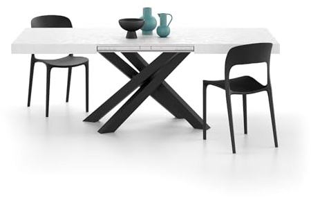 MOBILI FIVER, Ausziehbarer Esstisch Emma 140(220) x90 cm, Weißer Beton mit Schwarzen gekreuzten Beinen, Made In Italy