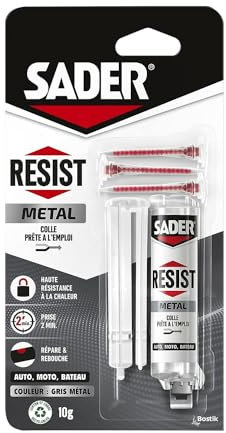 Sader Resist Metal – Colle Bi-Composants Métal – Colle de Réparation Métal – Tous Métaux – Auto, Moto, Bateau – Intérieur/Extérieur – Gris Métal – 1 Seringue de 10 g (+ 3 embouts mélangeurs)
