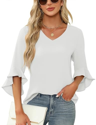 Qirno Dressy Tops for Women Casual Ruffle 3/4 Sleeve V Neck Chiffon Blouse Shirt Tops White M