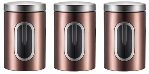 Simcat Tea Coffee Sugar Jar 1500ml Kitchen Canister Set of 3 with viewing window, 3Pcs Stainless Steel Storage Jars, Airtight Dried Food Storage Container (Brown)