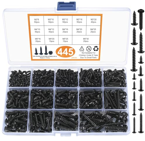 QJKEJI Selbstschneidende Schraube, 445 Stk Sechskantschrauben, Holzschrauben Blechschrauben, M3 M4 M5 Runder Kopf Sechskopf Pilzkopfschrauben, Linsenkopfschraube