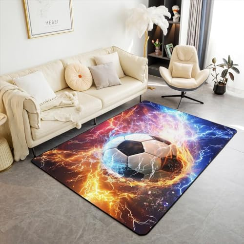 Sovrumsmatta tonåring fotboll 3D matta speldekoration sovrum pojke barn vardagsrumsmatta modern halkfri graffiti basket sport fält neonflanell mjuka mattor (blå, 160 x 200 cm)