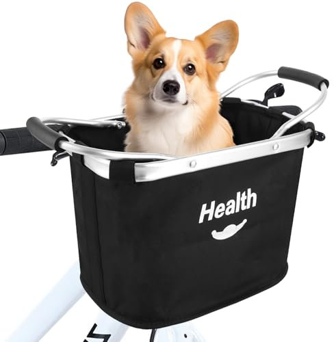 Oungy Faltbar Fahrradkorb Vorne für Klickfix Abnehmbar Hundekorb Fahrrad Vorne Aluminiumlegierung Rahmen Fahrradkorb Lenker mit Lenkeradapter und Kabellbinder Bike Basket für Pendeln Draußen (Schwarz)