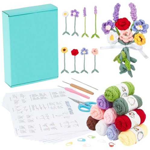 ORIGACH 8 Sets Häkelblumen-Lesezeichen-Set für Anfänger und Erwachsene, DIY-Orchidee, Rose, Sonnenblume, Lavendel, Starter-Häkelset, um Blumenstrauß Lesezeichen zu machen, mit