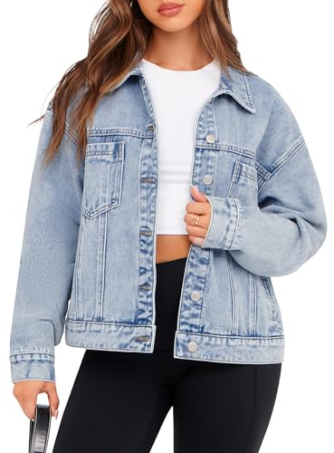 Glamaker Womens Cloths Oversized Jean Jacket Casual Long Sleeve Button Down Denim Jacket Fall Coat (Light Blue L)