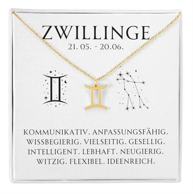 BYLITZ Sternzeichen Kette mit LED Geschenkbox und Karte Zodiak Halskette mit Anhänger für Frauen Damen Tochter Nichte Enkelin Freundin Mädchen (Zwillinge | Gold)