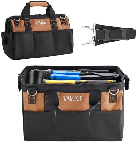Kamtop Werkzeugtasche, breite Öffnung, Werkzeugtasche mit rutschfestem Griff und Schultergurt, robuste Werkzeug-Aufbewahrungstasche mit 14 Taschen, Werkzeug-Organizer-Tasche für Tischler, Mechaniker