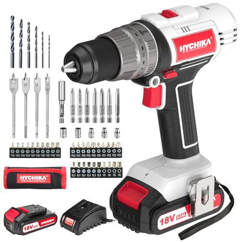 HYCHIKA Taladro Percutor a Batería 18 V, Taladro Inalámbrico con Batería de 2,0 AH, Taladro de Impacto máx 45 Nm, 2 velocidades, Par 21+3, con 55 Accesorios, con luz de trabajo LED
