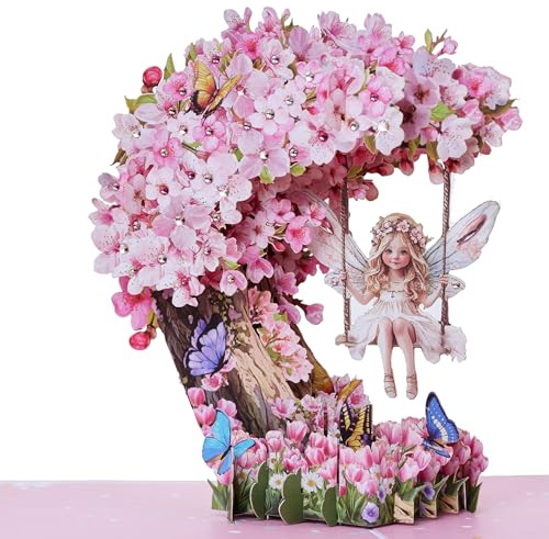 3D Pop Up Fairy Garden Birthday Cards, Cute Greeting Gift Cards With Colorful Rhinestones for Girls, Daughters, Granddaughters, Nieces, Girlfriend All Occasion-Includes Notecard & Envelope(Pink)