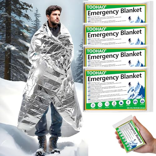 TOOHAO Coperta Termica Emergenza 4 Pezzi, 210×160cm, Coperta Isotermica Argento, Telo Termico per Escursionismo Sopravvivenza Pronto Soccorso Auto, Resistente Antistrappo