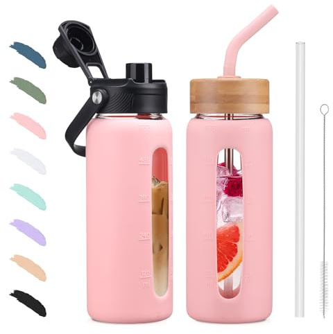 BLUEGO 600ml Glass Water Bottle with Straw and 2 Lids Glass Coffee Cup with Time Marker and Silicone Protector Glass Tumbler for Beverages Soda Cola BPA Free, Pink