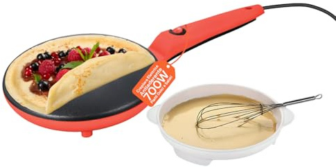 Avilia - Padella per Crepes Yummi 600W con Ciotola e Frusta Inclusa, Padella Antiaderente da 20cm Facile da Pulire, Ideale per Preparare Crepes Veloci a Colazione o Merenda in Sicurezza
