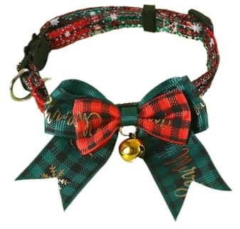 MAKOMAKI Jingle&Sparkle Hundehalsband mit Schleife und Glöckchen, verstellbar, mit karierten Goldfolien-Schleifen und Glocken, festliche Halsbekleidung, für Katzen und Hunde, Grün