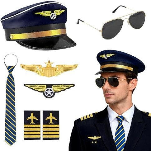 XEERUN 7PCS Pilot Costume Accessories Set, Airline Pilot Captain Hat Costume Accessories Set, Pilot Fancy Dress Kit with Captain Hat, Sunglasses, Armband, Badge, Tie, for Adults Teenager Cosplay