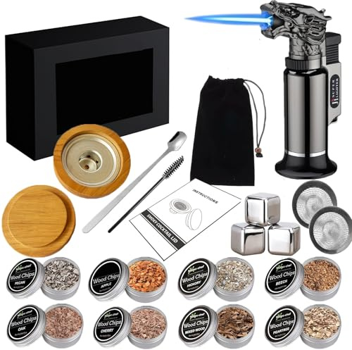 Flygragon Kit Ahumador para Whisky - Set con 8 Aromas de Madera y Piedras para Whisky - Accesorios Bar para Cócteles y Regalo Hombre Padre y Novio