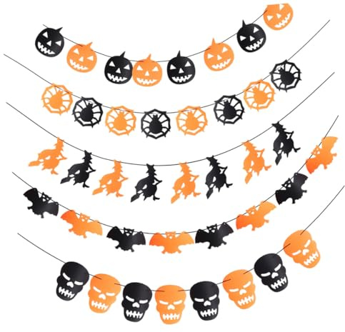 Angoily Banderín de Decoración para Fiesta de Halloween 5 Piezas de Fieltro Calabaza Esqueleto Murciélago Araña y Bruja Colores Vivos para Colgar Paredes Puertas y Ventanas