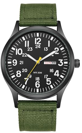 JewelryWe Reloj Militar Analógico Hombre: Reloj Táctico Redondo Cuarzo Exterior Correa de Nylon Escala de Número Arábigo Fecha Día Puntero Luminoso - para Ocio Aire Libre Negocios Regalo