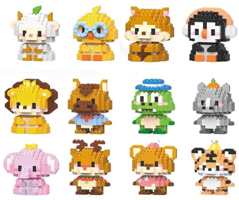 Lazdrapel 12 Pack Mini Tiere Bausteine Set,Tier Themed Sammlung BAU Ziegel Spielzeug, Nette Wohnkultur, Bricks Bauen Bauklötze, Geburtstagsgeschenk, BausteineSet Tiere Figuren Klemmbausteine