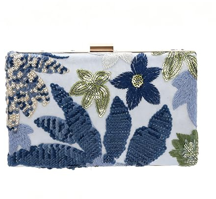 EVEOUT Clutch con Lentejuelas y Bordado Mujer Elegante Bolso de Mano Floral de Noche con asa y Cadena para Boda Fiesta Baile