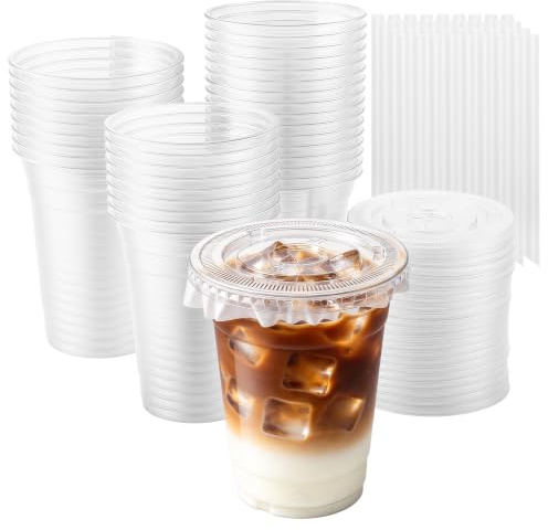 50 stycken plastmuggar med lock, 500 ml/16 oz transparent PET Ø 98 mm | MAHIONG, Inklusive breda sugrör, säker stängning, för läsk, fest och gastronomi