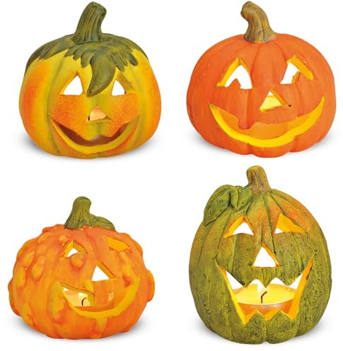 Juego de 4 faroles decorativos de calabaza pequeños como luces LED de decoración de Halloween, 8 cm cada una, mini calabazas decorativas como portavelas para exteriores o decoración de mesa interior,