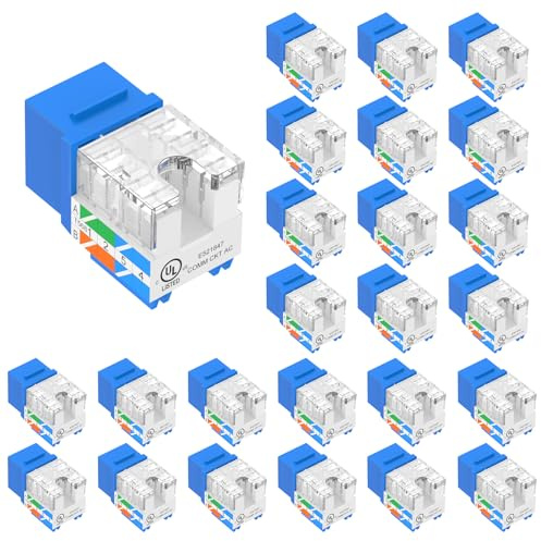 VCE UL Listed 10Gbps Cat6 Keystone Jack Insert 25-Pack, 90 Degree Punch Down RJ45 Keystone Jack Adapter Slim Profile Blue