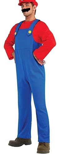 VISVIC Super Brothers Klempner Kostüm mit Bodysuit, Cap und Schnurrbart - Karneval Halloween Cosplay für Herren Damen Junge Mädchen Kinder, Herren Rot, XL