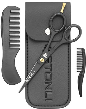 STONLI® 5 Beard and Moustache Scissors with Comb & Pouch - Small Hairdressing Scissors - Nose, Ear & Eyebrows Hair Scissor (Black)