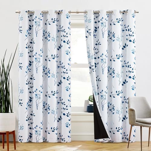 Beauoop Navy Blue Floral Blackout Curtains for Living Room Bedroom 90 Inch Drop Leaf Print White Eyelet Curtain Botanical Thermal Insulated Noise Reducing Window Curtain Drapes 2 Panels