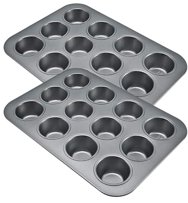 Bandeja de metal antiadherente para 12 moldes para magdalenas, cupcakes y pudín Yorkshire. Gruesa y apta para lavavajillas, bandeja para ahorrar espacio, uso diario, fiestas y cumpleaños, sartén negra