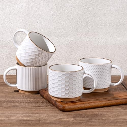 GBhome 15OZ Stackable Coffee Mugs, Ceramic Coffee Mugs with Texture Patterns for Man,Woman,Dad,Mom, Modern Coffee Mugs Set of 4 for Latte/Cappuccino/Cocoa. Dishwasher&Microwave Safe, Off White