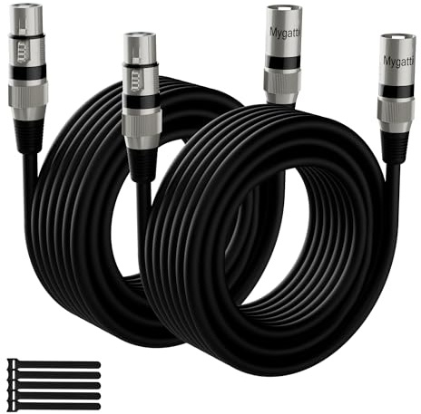 Mygatti Cavo per microfono XLR Bilanciato 10M(2 Pezzi,nero),da maschio a femmina,schermatura a 3 pin,cavo patch DMX,con soppressione EMI e RFI,compatibile con amplificatore，altoparlante+5 fascette