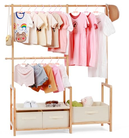 Relquorax Perchero de bambú con tres barras, guardarropas para niños, pequeño organizador con 3 cajas de almacenamiento, para trajes y accesorios