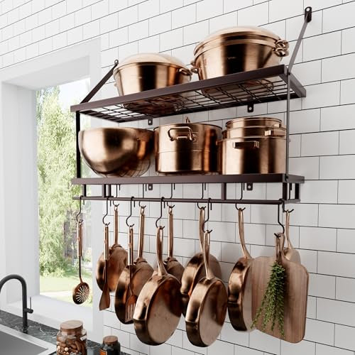 KES Oiled Bronze Pot Rack for Kitchen, 76CM Pan Hanger Wall Mounted, 2-Tier Hanging Pot Storage with 12 Hooks for Kitchen Storage and Organization, KUR215S75B-OB